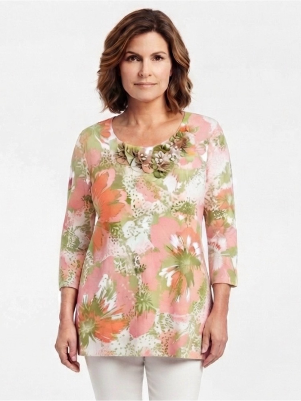 Ruby Rd. Floral Embellished Neck Top Size 2X Pink Green Cotton